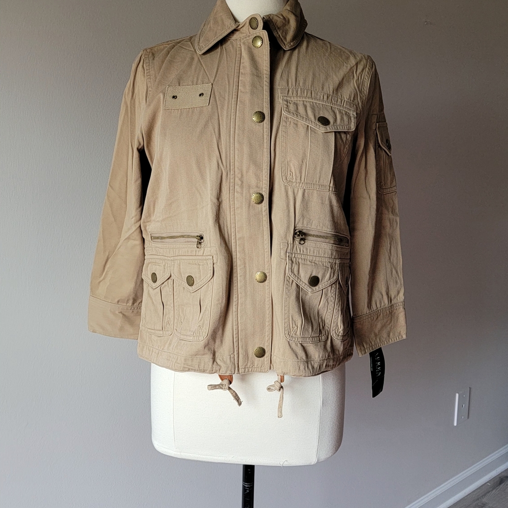 Lauren RALPH LAUREN Safari Jacket Khaki Brown 8 Pockets Zip/Snap Up Women's S